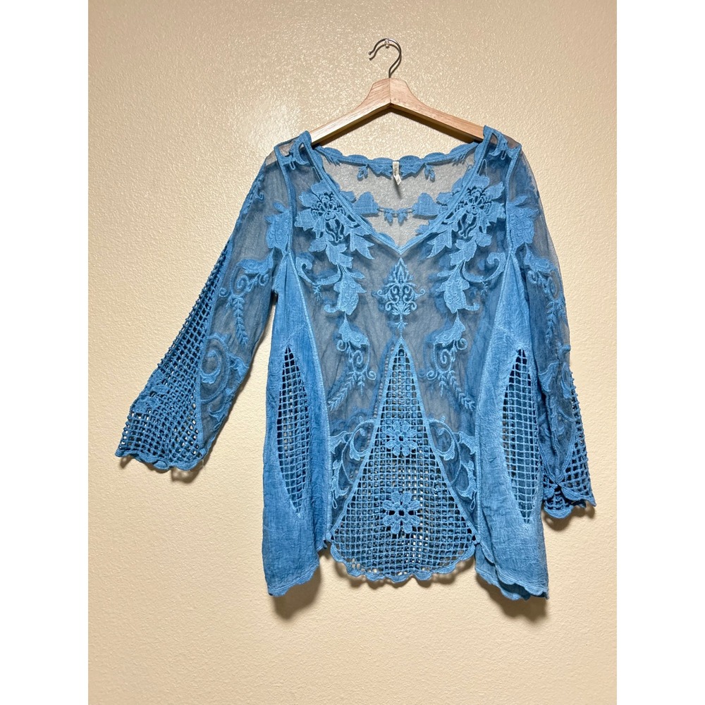 India Boutique Size XL Shirt Dusty Blue Lace Crochet Fairy Boho Mesh Embroidered